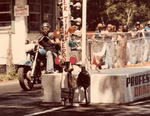 1980s Bill on Blue Bitch burnin' up the asphalt at Little River-Academy Drag Strip outside Temple, Texas! 8.5 x 11'' a